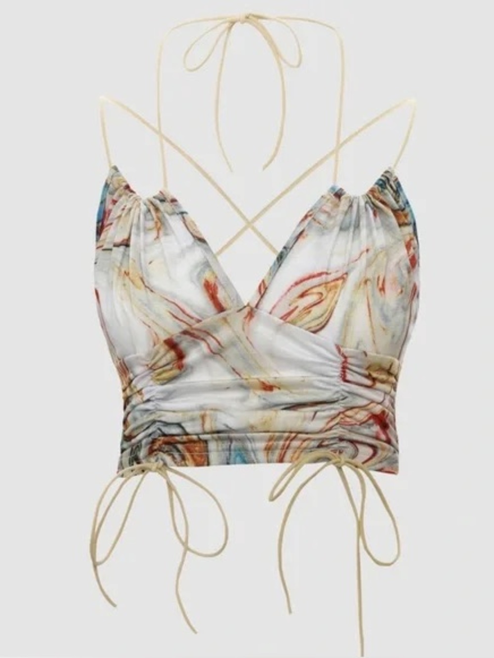 Abstract Marble Print Ruched Halter Crop Top - Multicolor